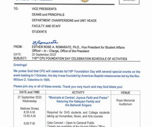 MEMO 113 – 118th CPU Foundation Day Celebration Schedule of Activities