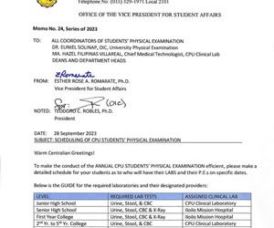 OVPSA Memo 24 – SCHEDULING OF CPU STUDENTS’ PHYSICAL EXAMINATION
