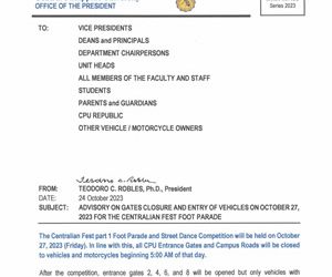Memo No. 129 ADVISORY ON GATES CLOSURE AND ENTRY ON OCTOBER 27, 2023 FOR THE CENTRALIAN FEST FOOT PARADE