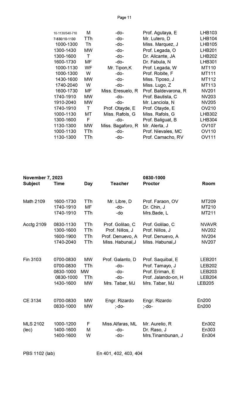 Final Schedule of MidTerm Exams (1st Semester 20232024) Central