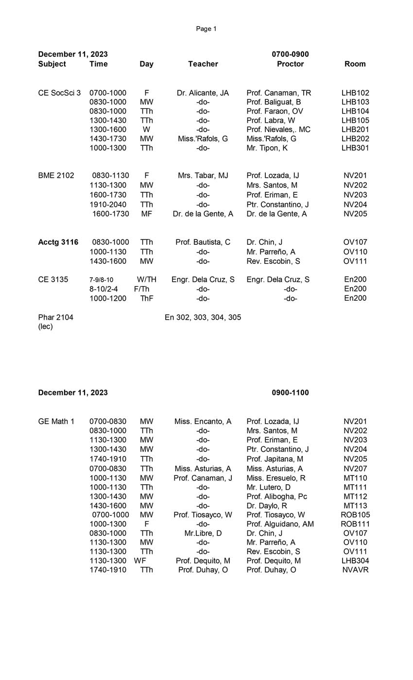 Final Schedule of Final Examinations (First Semester 20232024