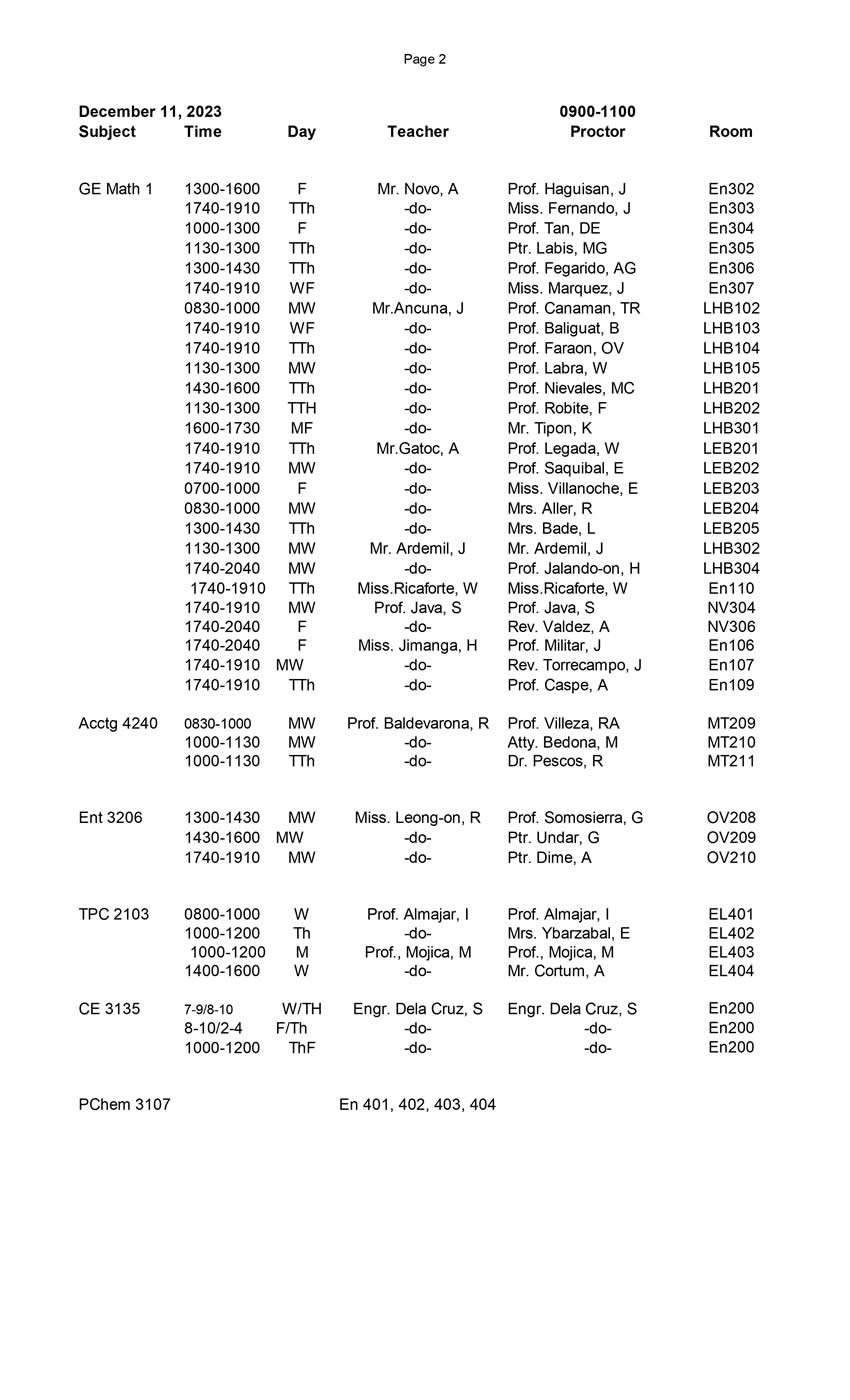 Final Schedule Of Final Examinations First Semester 2023 2024 Central Philippine University 8862