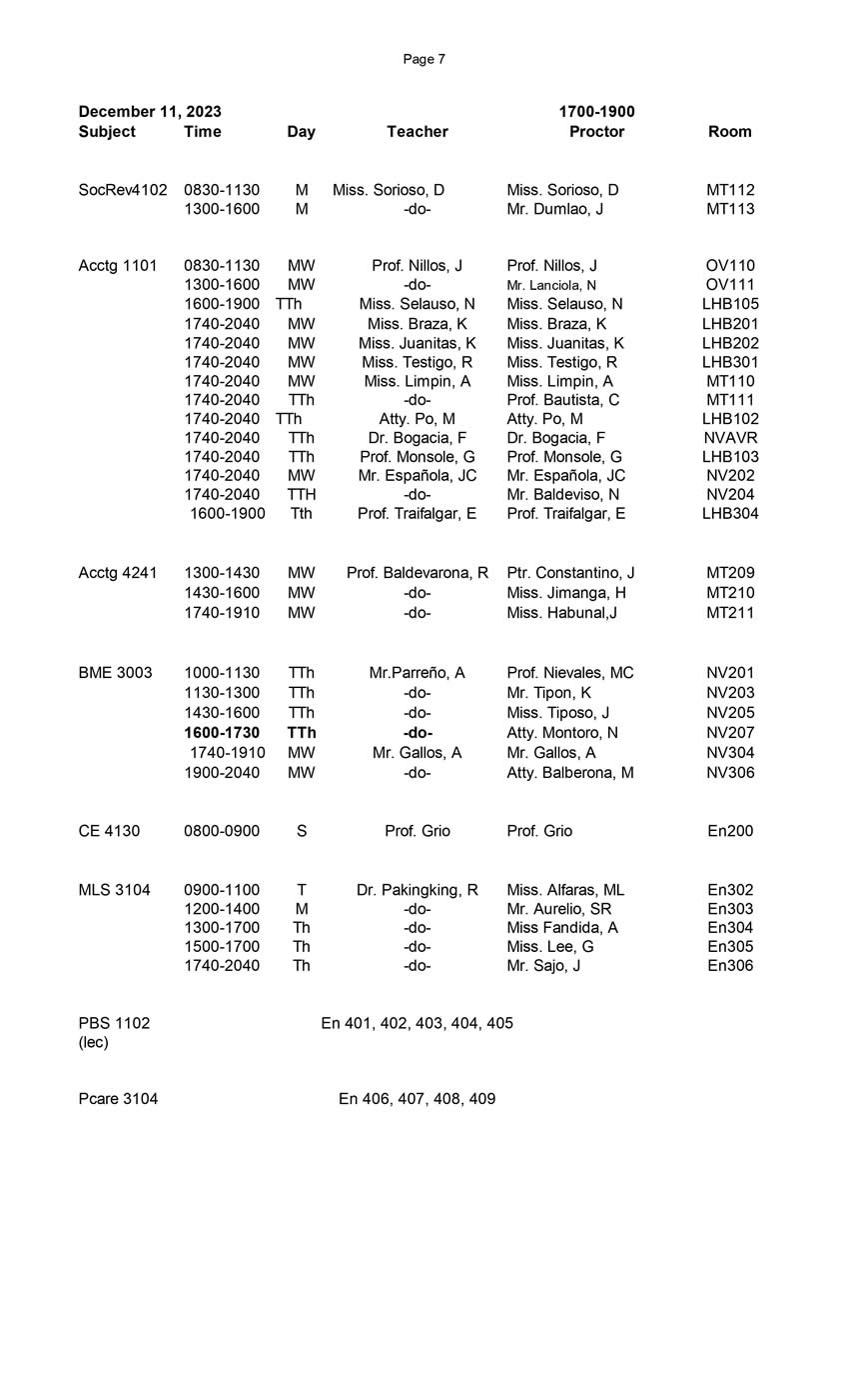 Final Schedule of Final Examinations (First Semester 20232024