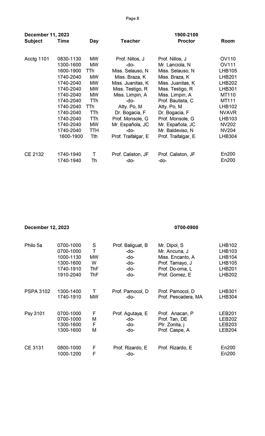 Final Schedule of Final Examinations (First Semester 20232024