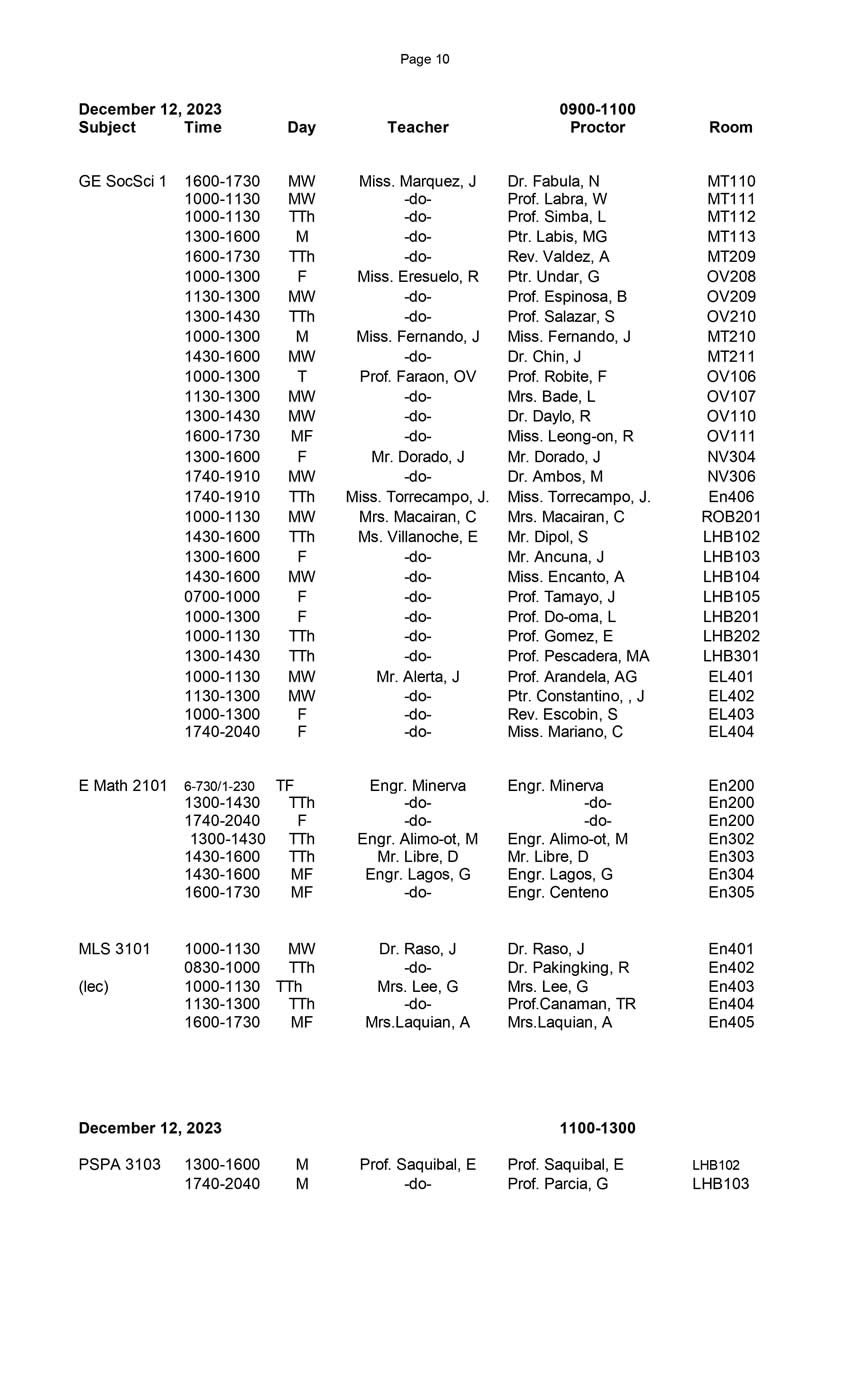 Final Schedule of Final Examinations (First Semester 20232024