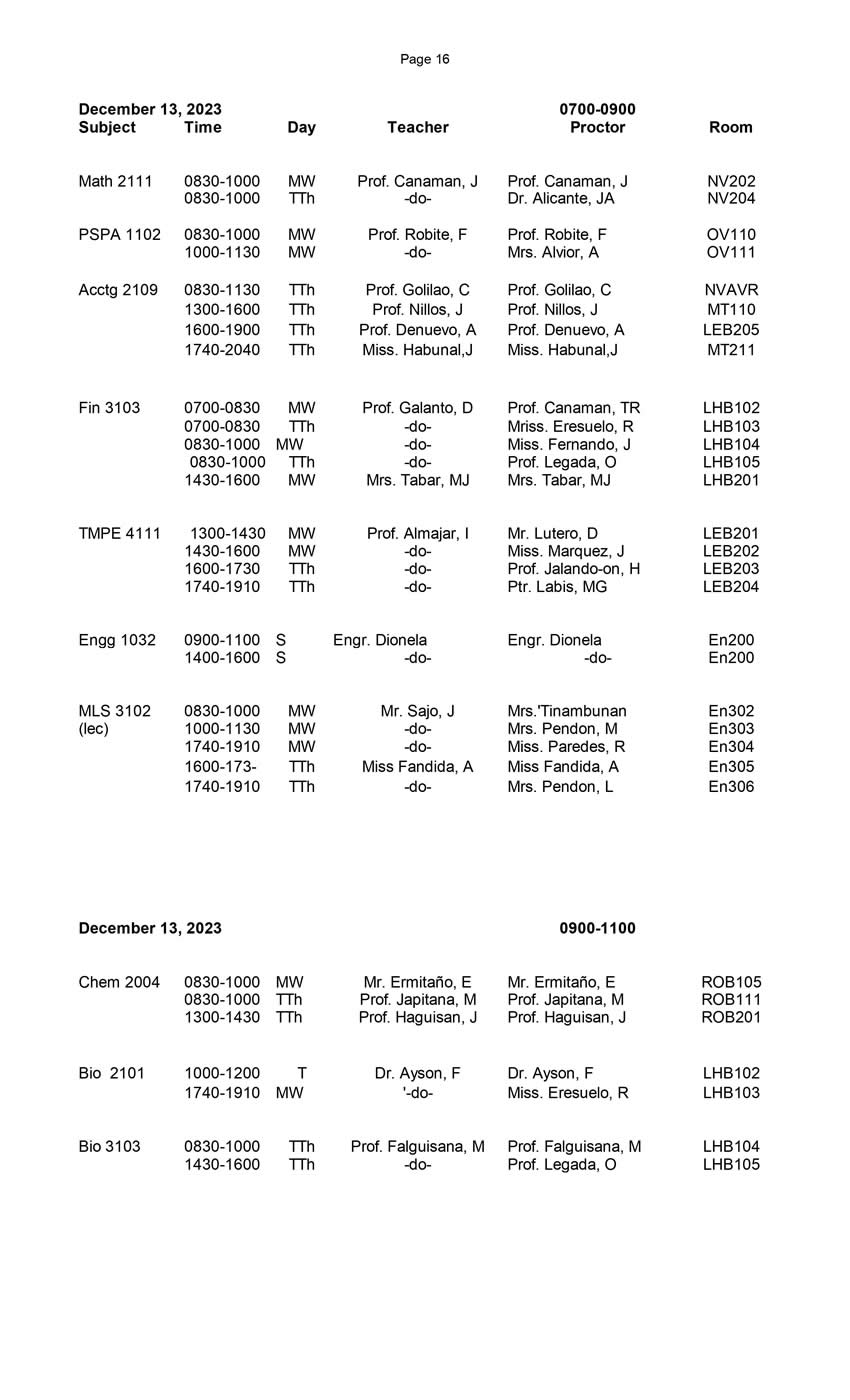 Final Schedule of Final Examinations (First Semester 20232024