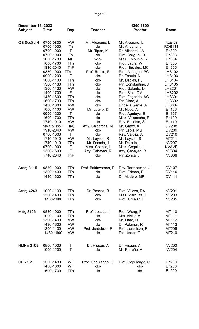 Final Schedule of Final Examinations (First Semester 20232024