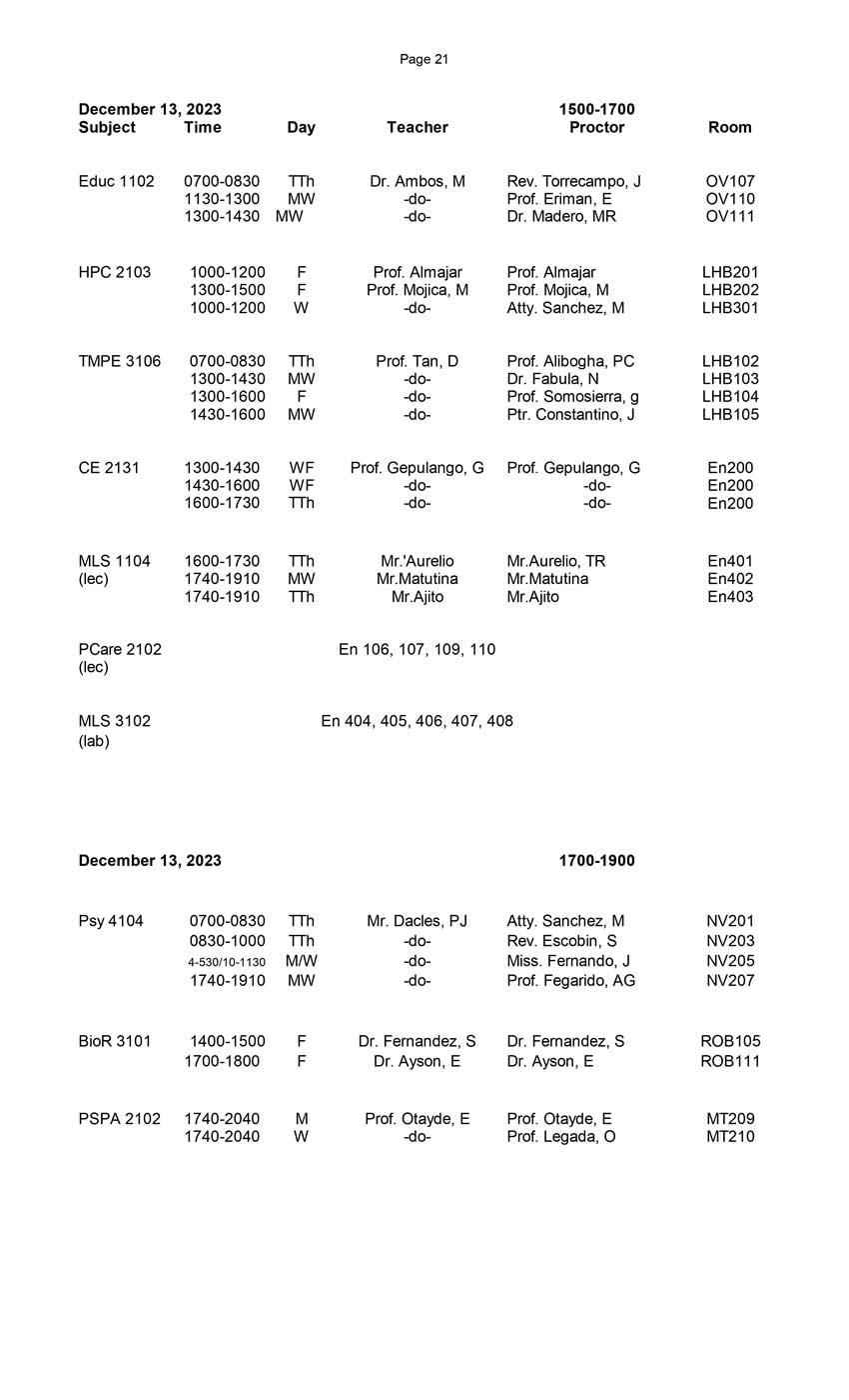 Final Schedule of Final Examinations (First Semester 20232024