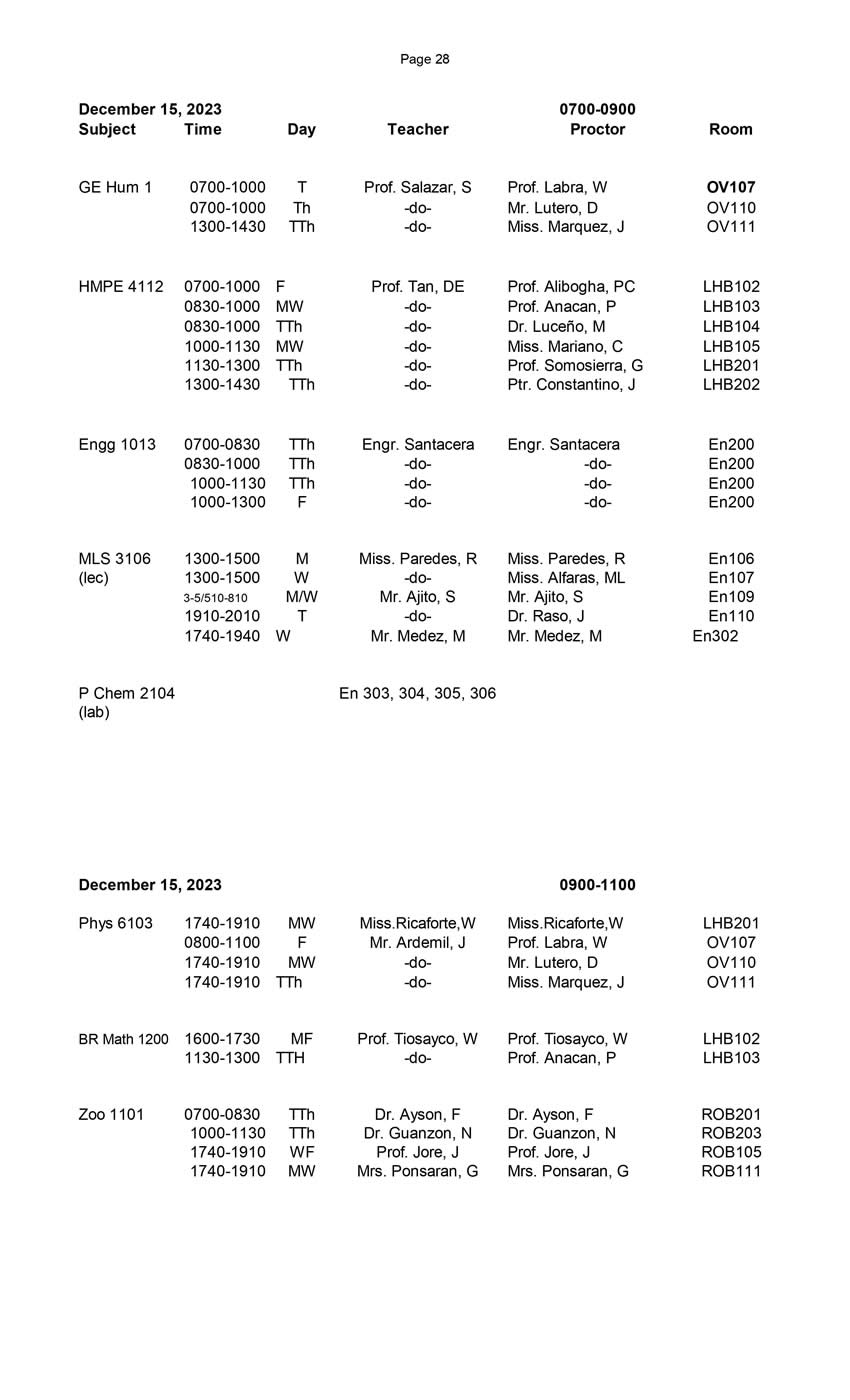 Final Schedule of Final Examinations (First Semester 20232024