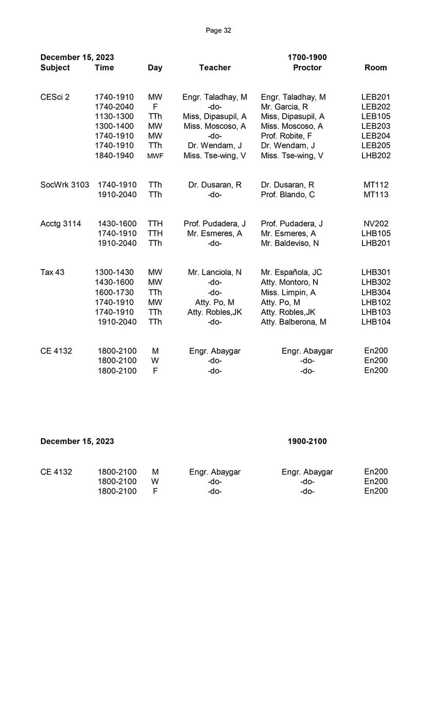 Final Schedule of Final Examinations (First Semester 20232024