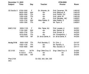 Final Schedule of Final Examinations (First Semester 2023-2024)