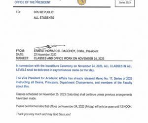 Memo No 137 – CLASSES AND OFFICE WORK ON NOVEMBER 24, 2023