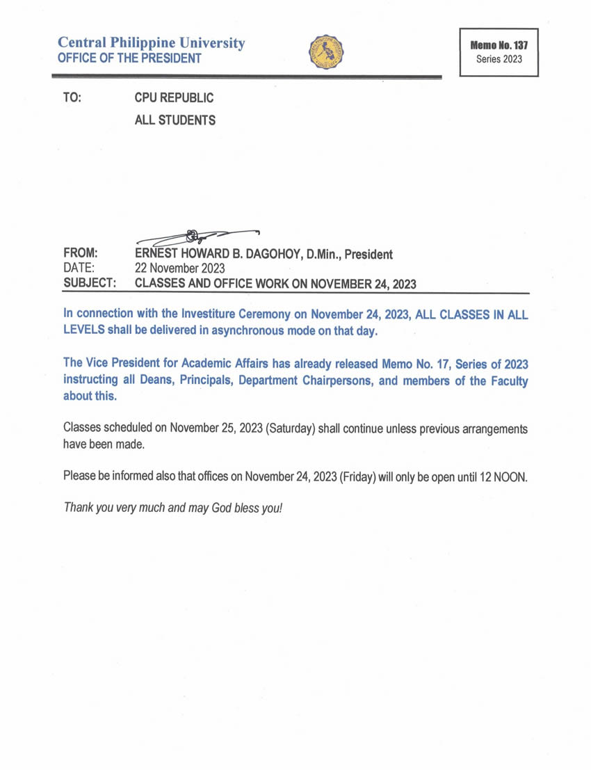 Memo No. 5 Series 2023 - Suspension of Classes and Office Work