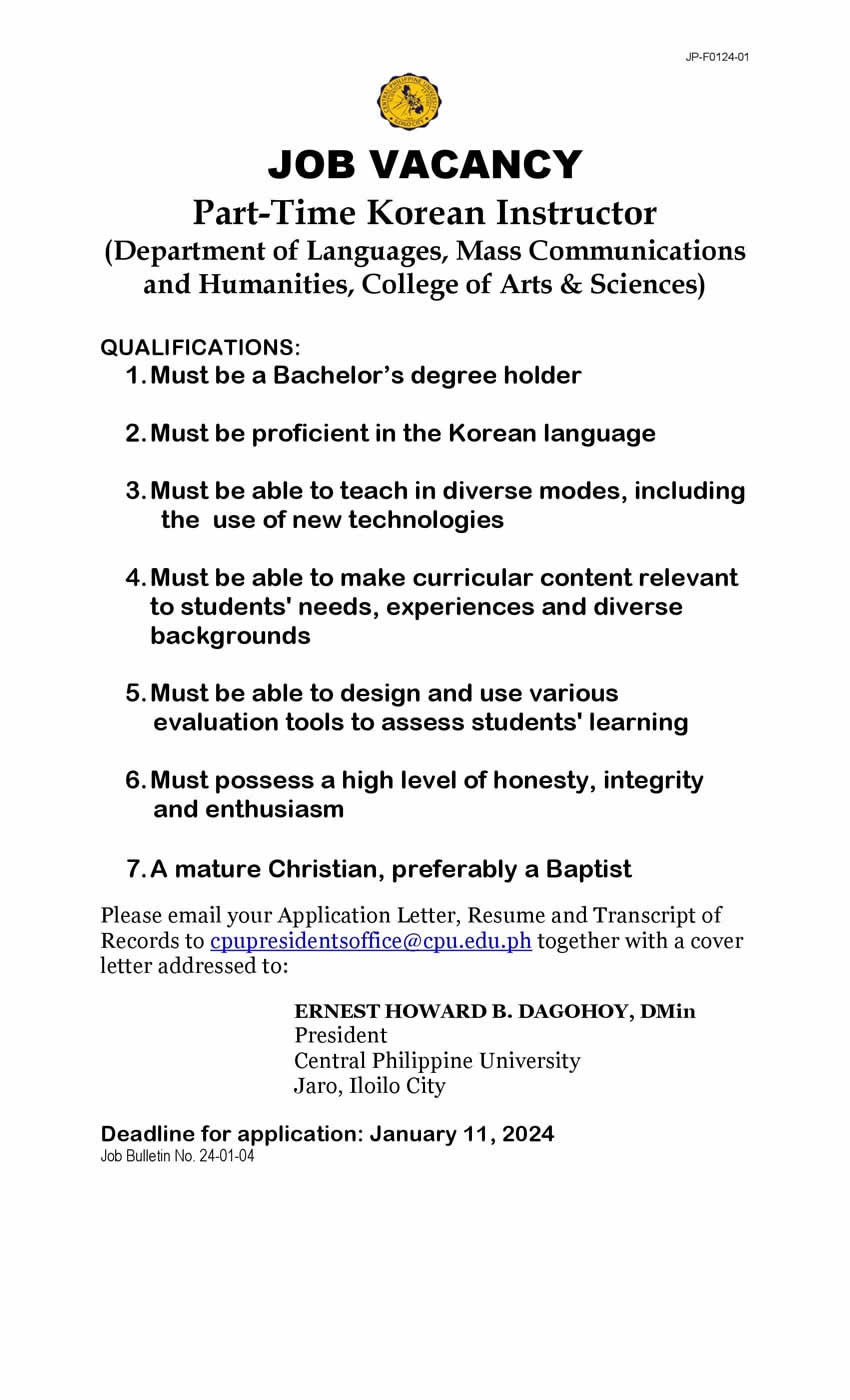 Job Vacancy Part time Korean Instructor Central Philippine University