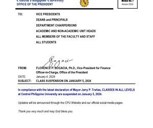 Memo No. 7 –  CLASSES SUSPENSION ON JANUARY 5, 2024