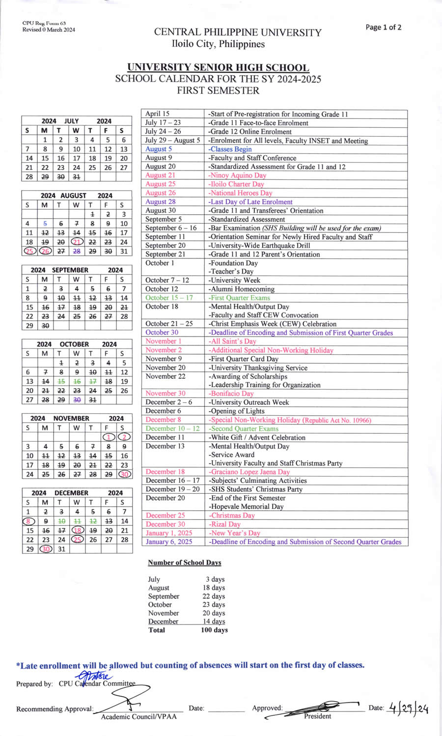 School Calendars Central Philippine University