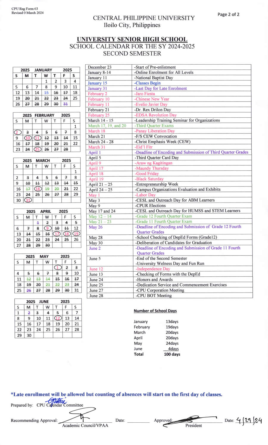 School Calendars Central Philippine University