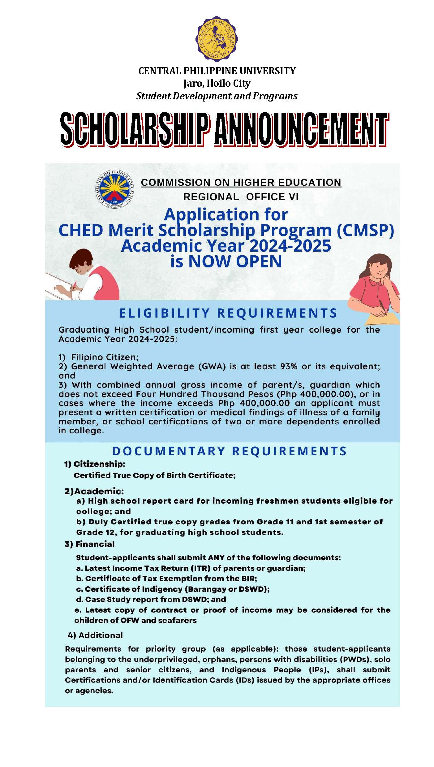 Application for CHED Merit Scholarship Program (CMSP) Academic year 20242025 is NOW OPEN