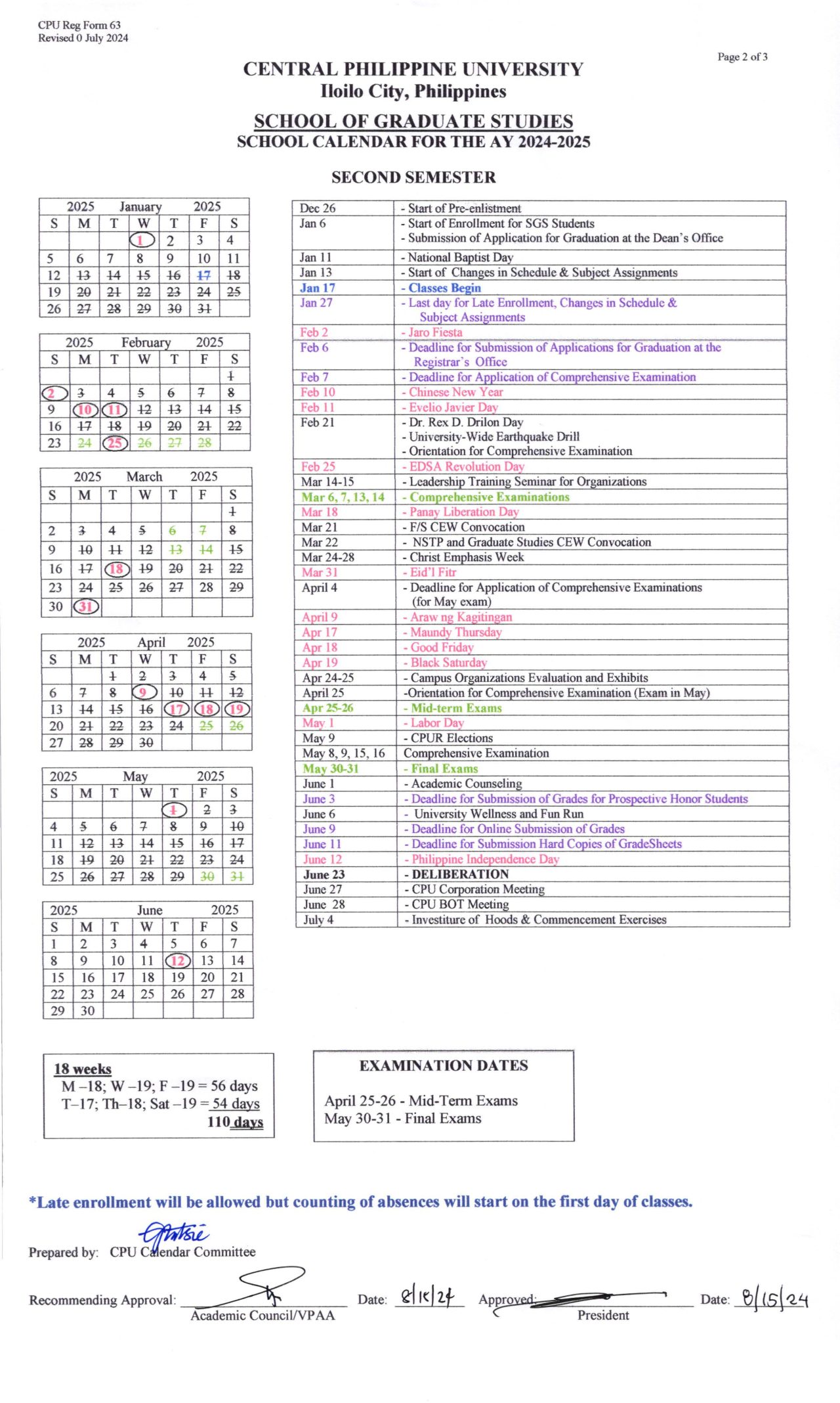 School Calendars Central Philippine University