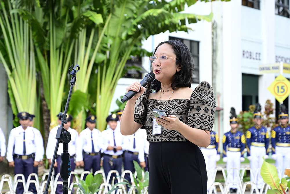 Dr. Esther Rose A. Romarate, Vice President for Student Affairs and Officer-in-Charge of the Office of the President, delivers her message during the 128th Philippine Independence Day, emphasizing the importance of freedom as both a gift and a responsibility that calls for integrity, civic duty, and active nation-building